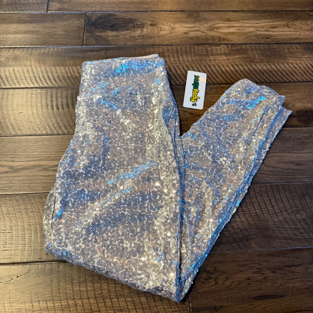 Tipsy Elves NWT Silver‎ Sequin High Waisted Leggings Size L Disco Party
